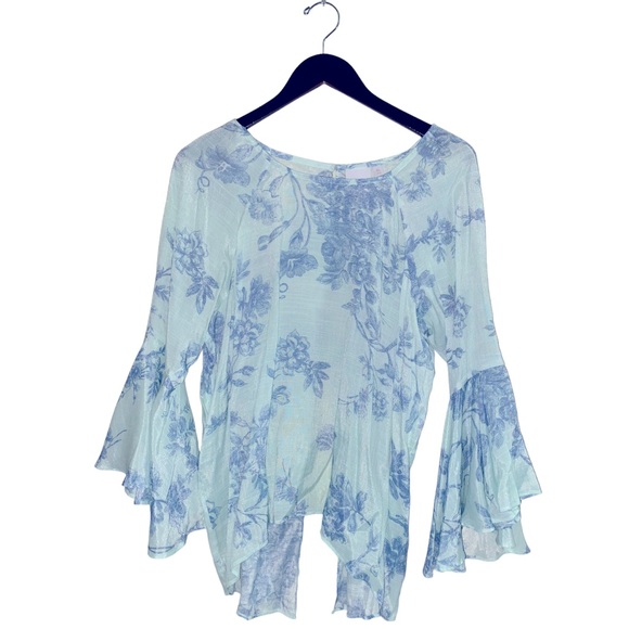 Lauren Conrad Floral Flutter Sleeve Top SeaFoam Green Women’s XL Split Back Boho - Picture 9 of 15